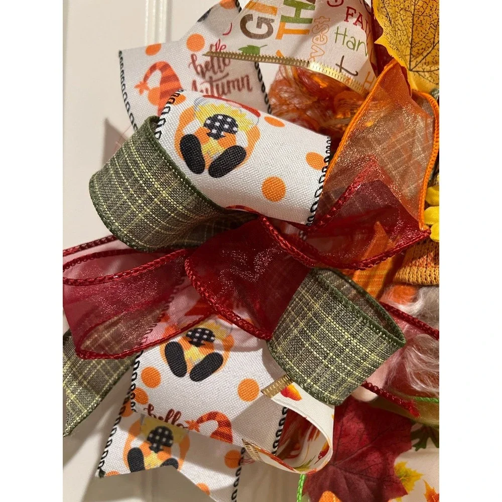13 inch Ribbon Wreath Fall Autumn Thanksgiving Gnome MW5